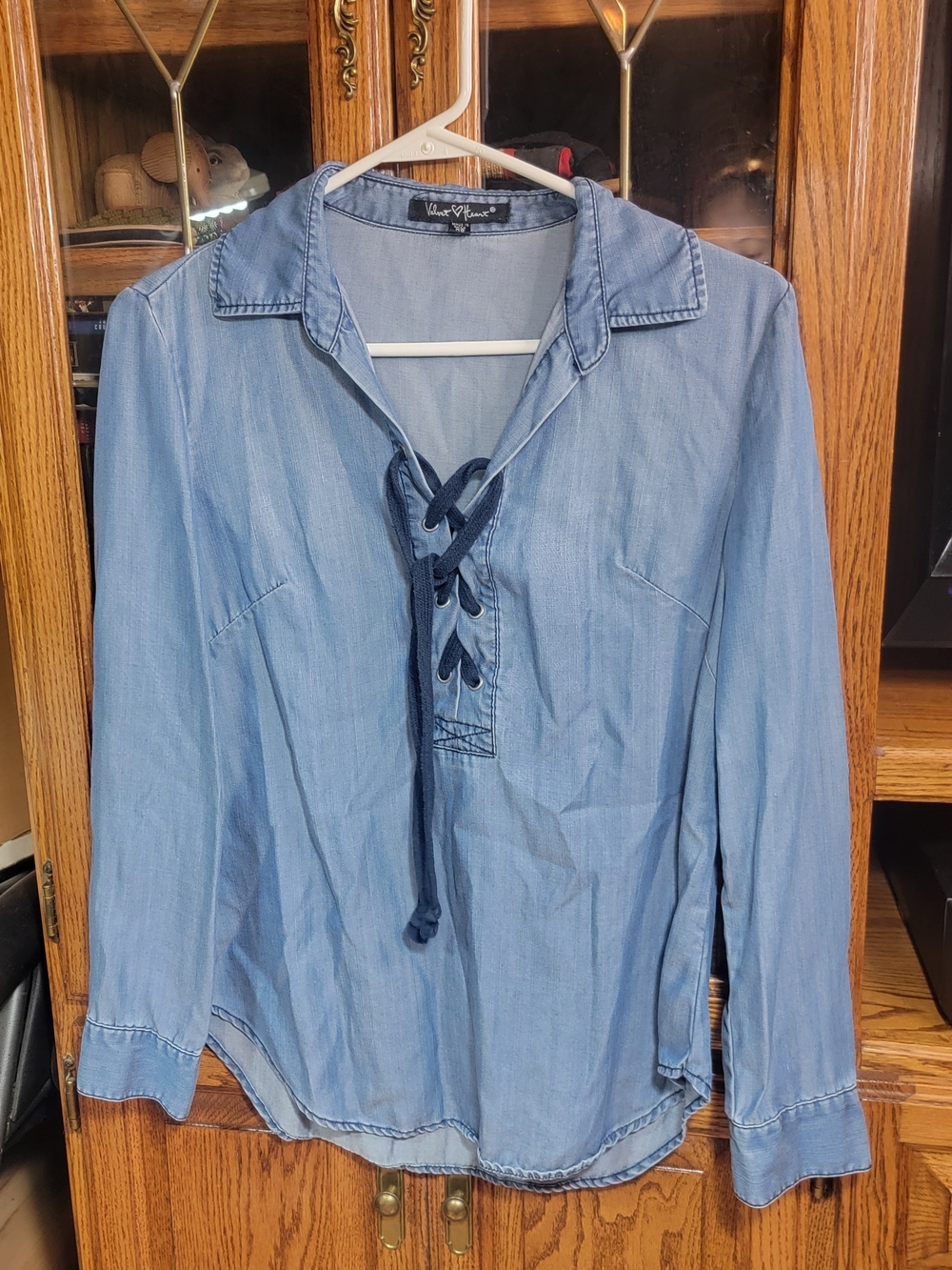 Velvet Heart Women's Light Blue Lace-Up Chambray Top Size XSmall